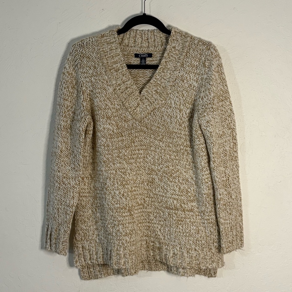 Chaps Sweater Women L Tan White Marled Metallic Gold Accent V-Neck Soft Cozy